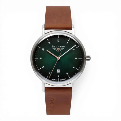 Bendixen-Braun Bauhaus men's watch with dark green dial, date window, and cognac leather strap. Features white numerals and two-tone hands.