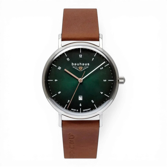Bendixen-Braun Bauhaus men's watch with dark green dial, date window, and cognac leather strap. Features white numerals and two-tone hands.