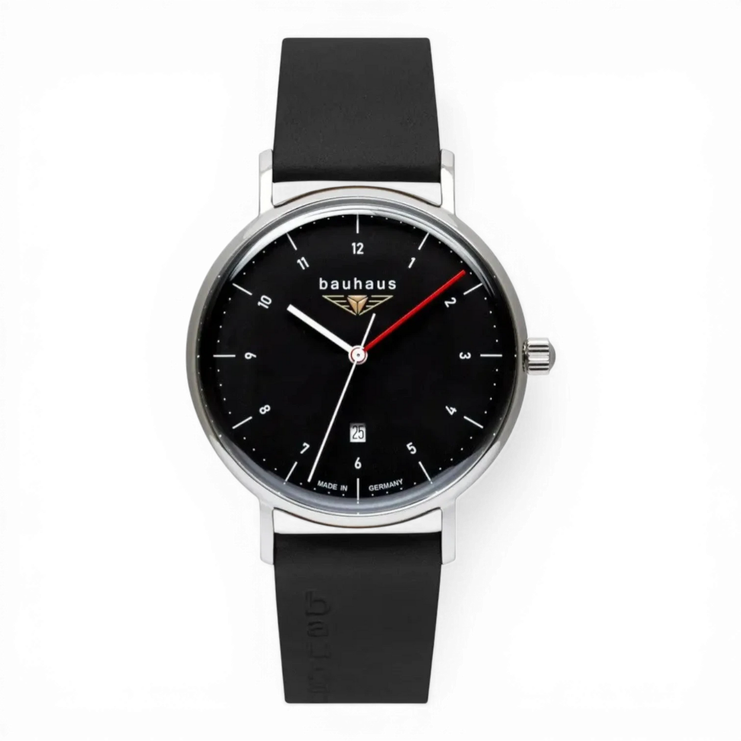 Bendixen-Braun Bauhaus men's watch with black dial, stainless steel case, red second hand, and black strap.