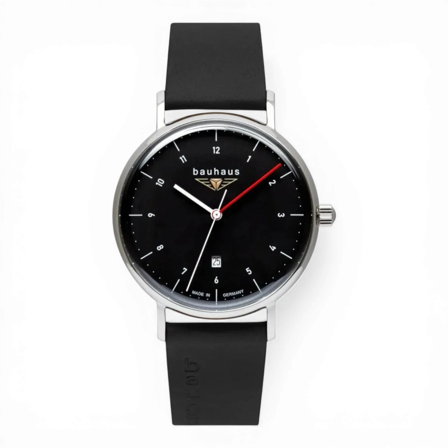 Bendixen-Braun Bauhaus men's watch with black dial, stainless steel case, red second hand, and black strap.