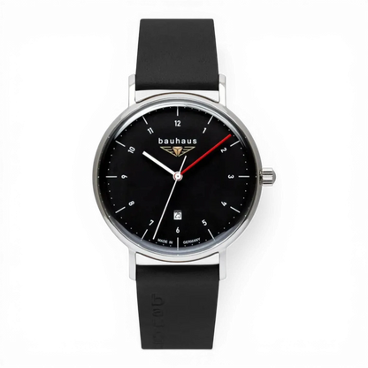 Bendixen-Braun Bauhaus men's watch with black dial, stainless steel case, red second hand, and black strap.