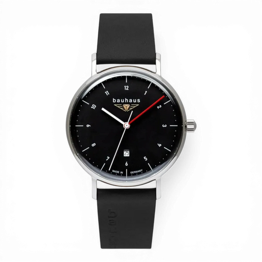Bendixen-Braun Bauhaus men's watch with black dial, stainless steel case, red second hand, and black strap.