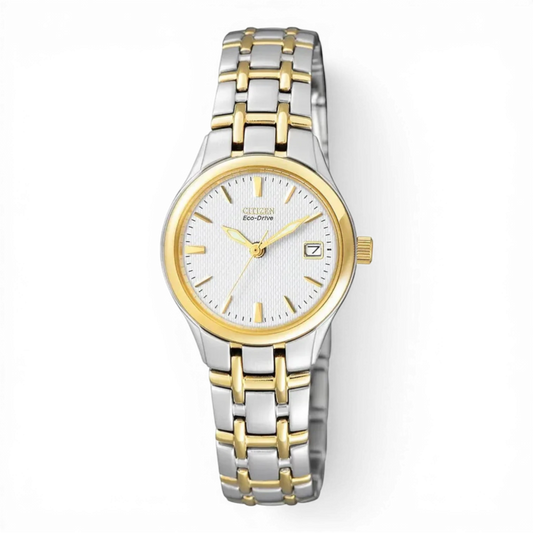 Bendixen-Braun women's bicolor gold and silver stainless steel solar-powered watch with white dial and date.