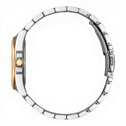 Bendixen-Braun women's solar-powered watch with bicolor rose gold and silver stainless steel band, black dial, and date.
