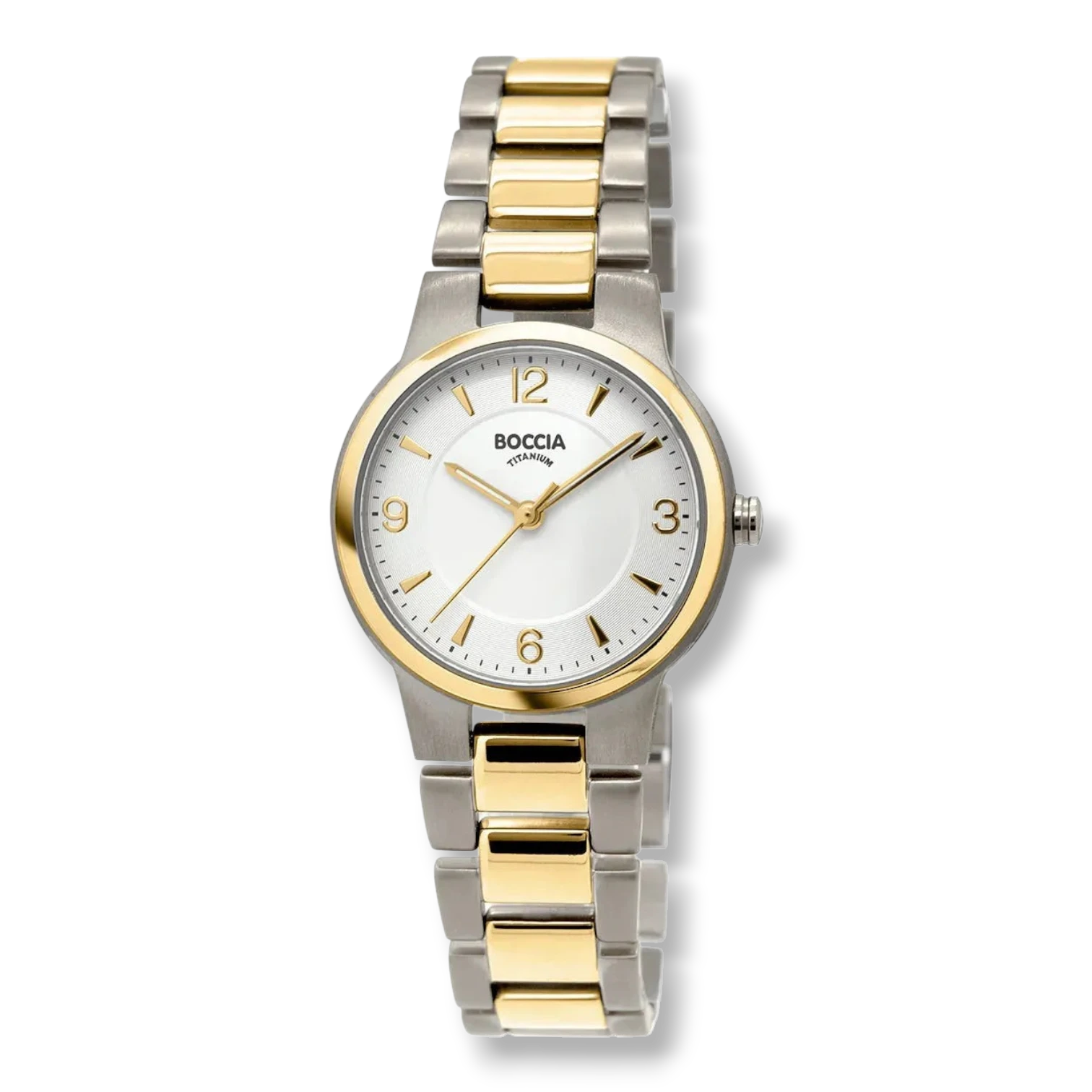 Boccia Damen-Quarzuhr mit Titanband bicolor – elegante Armbanduhr mit gold-silbernem Design. Leichtes Titanarmband und präzises Quarzwerk.