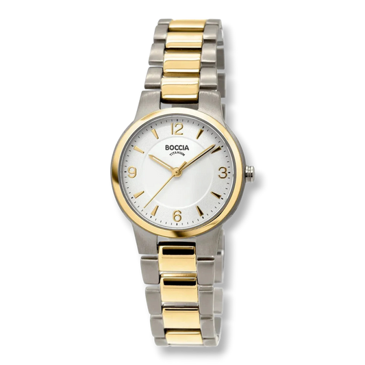 Boccia Damen-Quarzuhr mit Titanband bicolor – elegante Armbanduhr mit gold-silbernem Design. Leichtes Titanarmband und präzises Quarzwerk.