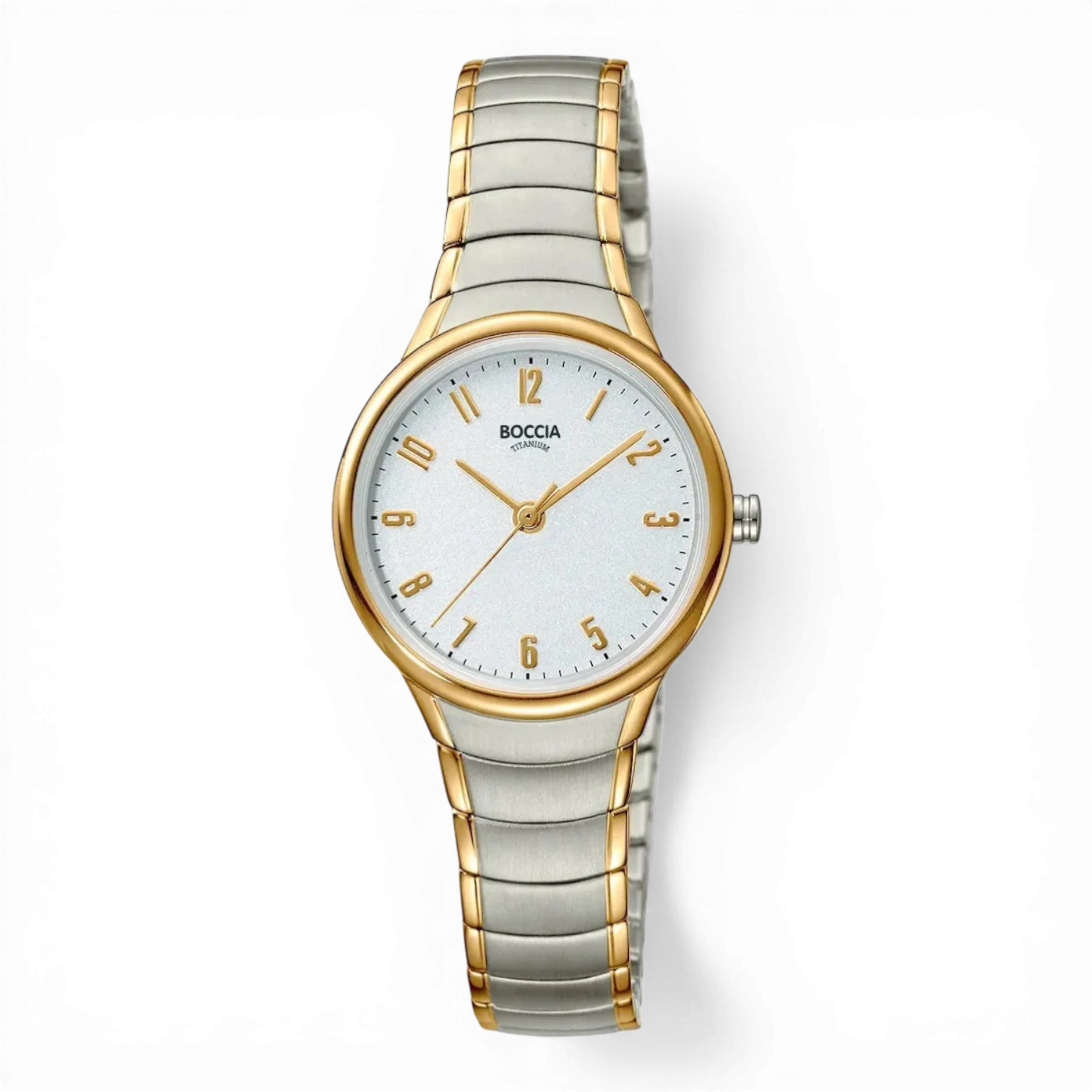 Boccia Damen-Quarzuhr mit bicolor Titanarmband und goldenen Akzenten. Elegante Damenuhr mit präzisem Quarzwerk, erhältlich bei Bendixen-Braun.