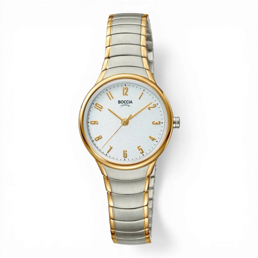 Boccia Damen-Quarzuhr mit bicolor Titanarmband und goldenen Akzenten. Elegante Damenuhr mit präzisem Quarzwerk, erhältlich bei Bendixen-Braun.