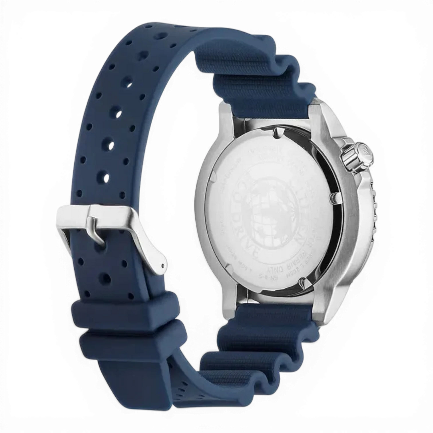 Rückansicht der Citizen Herren-Solartaucheruhr Promaster Blau mit graviertem Gehäuseboden und flexiblem, perforiertem Kautschukarmband für hohen Tragekomfort.