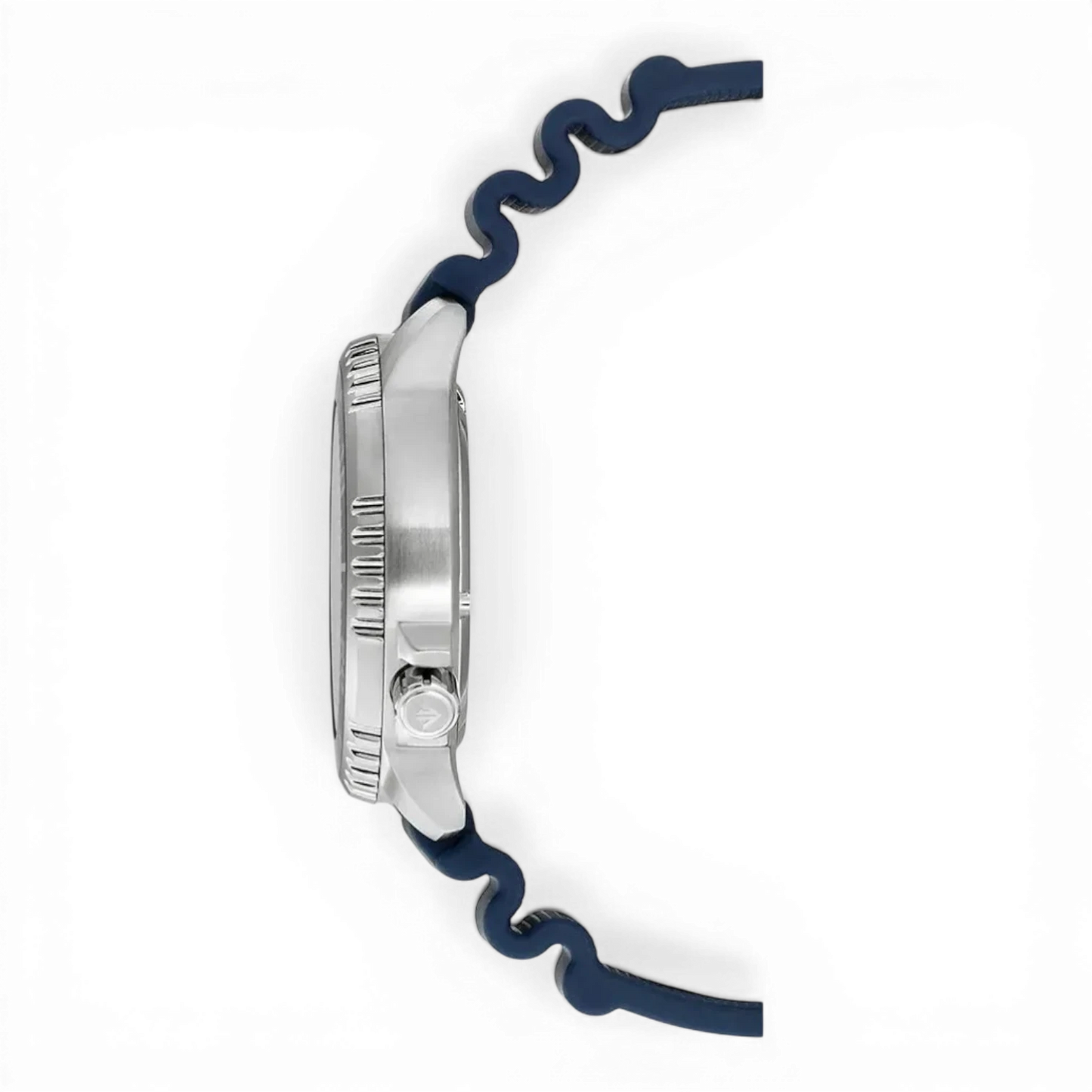 Seitenansicht der Citizen Herren-Solartaucheruhr Promaster Blau mit robustem Edelstahlgehäuse und verschraubter Krone für maximale Wasserdichtigkeit.