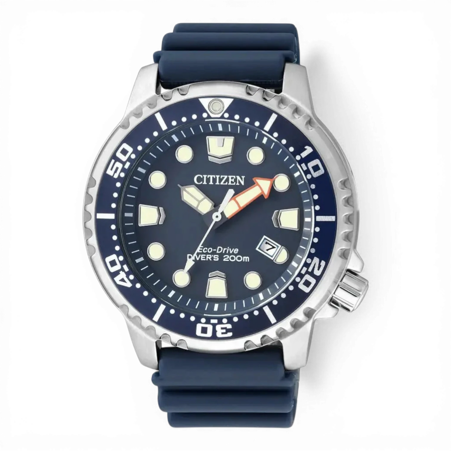 Citizen Herren-Solartaucheruhr Promaster Blau mit Edelstahlgehäuse und blauem Kautschukarmband. Wasserdicht bis 200 m, ideal für Taucher.