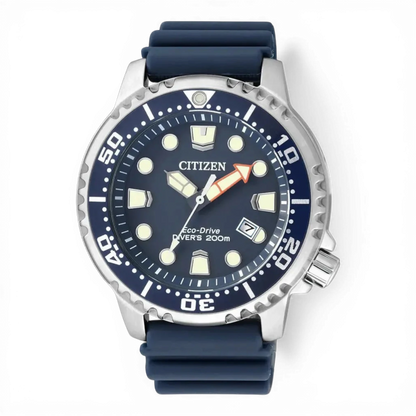 Citizen Herren-Solartaucheruhr Promaster Blau mit Edelstahlgehäuse und blauem Kautschukarmband. Wasserdicht bis 200 m, ideal für Taucher.