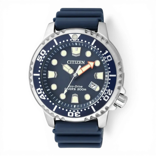 Citizen Herren-Solartaucheruhr Promaster Blau mit Edelstahlgehäuse und blauem Kautschukarmband. Wasserdicht bis 200 m, ideal für Taucher.