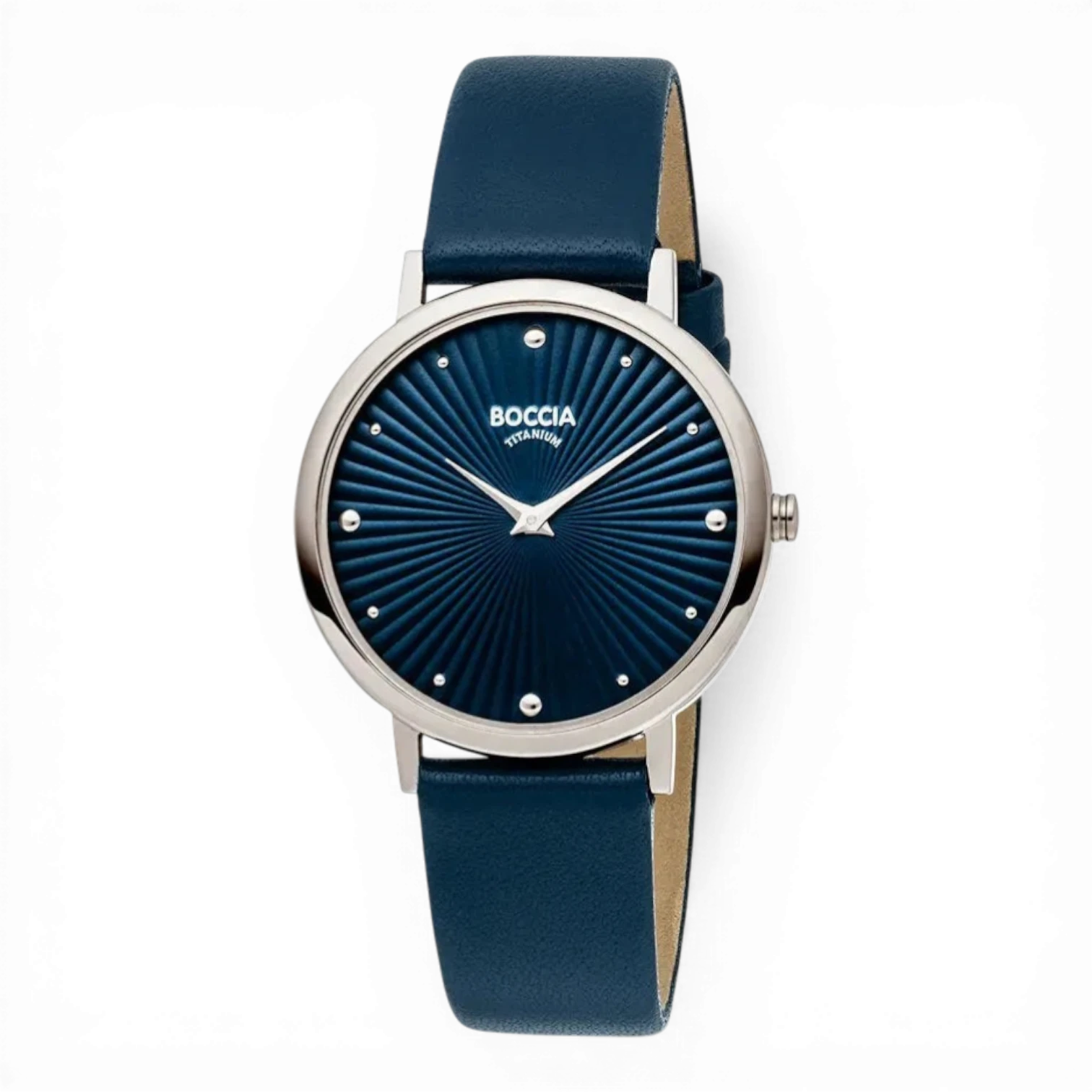 Bendixen-Braun blue titanium watch with sunray dial and dot indices. Elegant, timeless design for women.