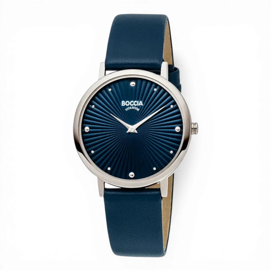 Bendixen-Braun blue titanium watch with sunray dial and dot indices. Elegant, timeless design for women.