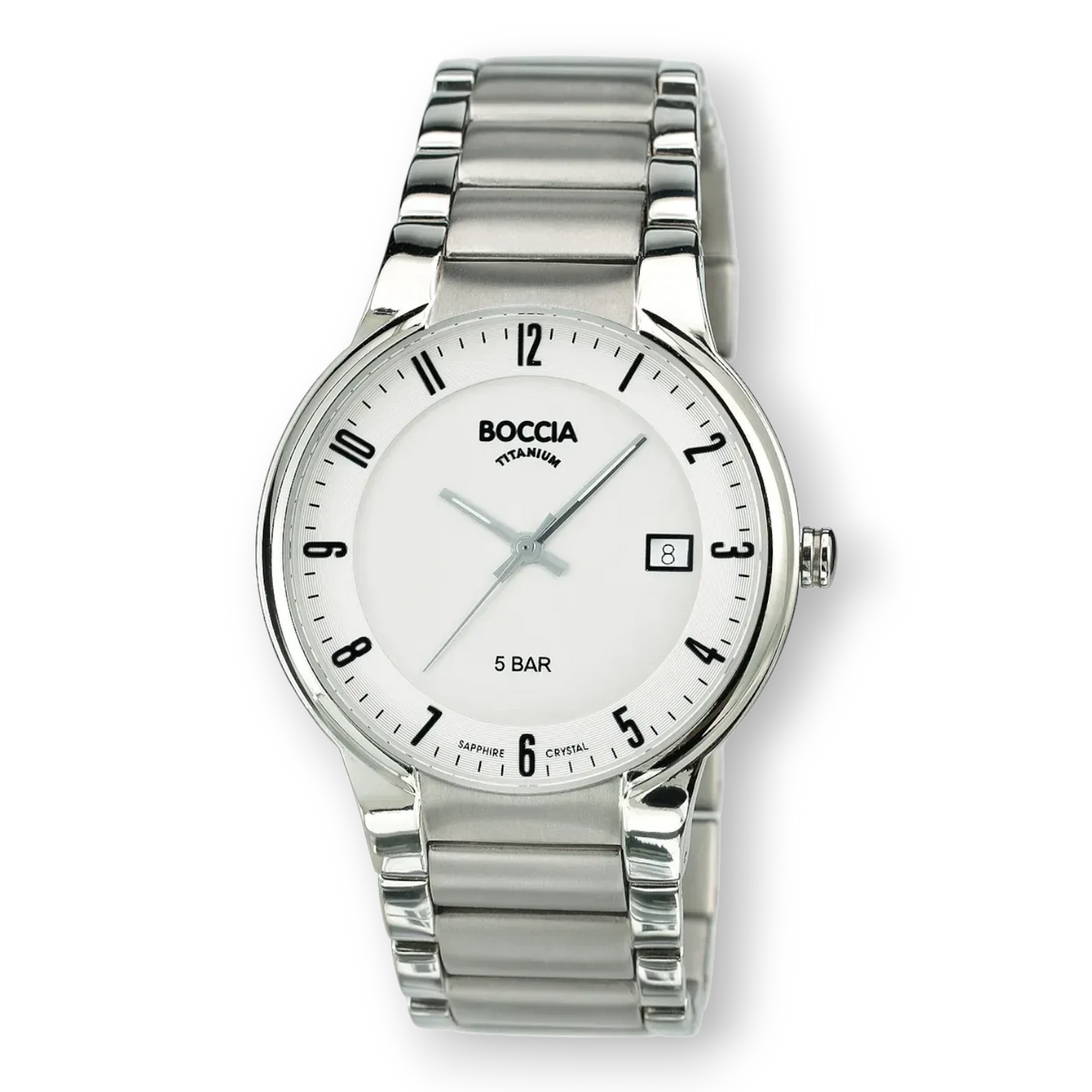 Boccia Herren-Quarzuhr mit Titanarmband und Datumsanzeige. Elegante silberne Armbanduhr mit weißem Zifferblatt, ideal für stilbewusste Männer.