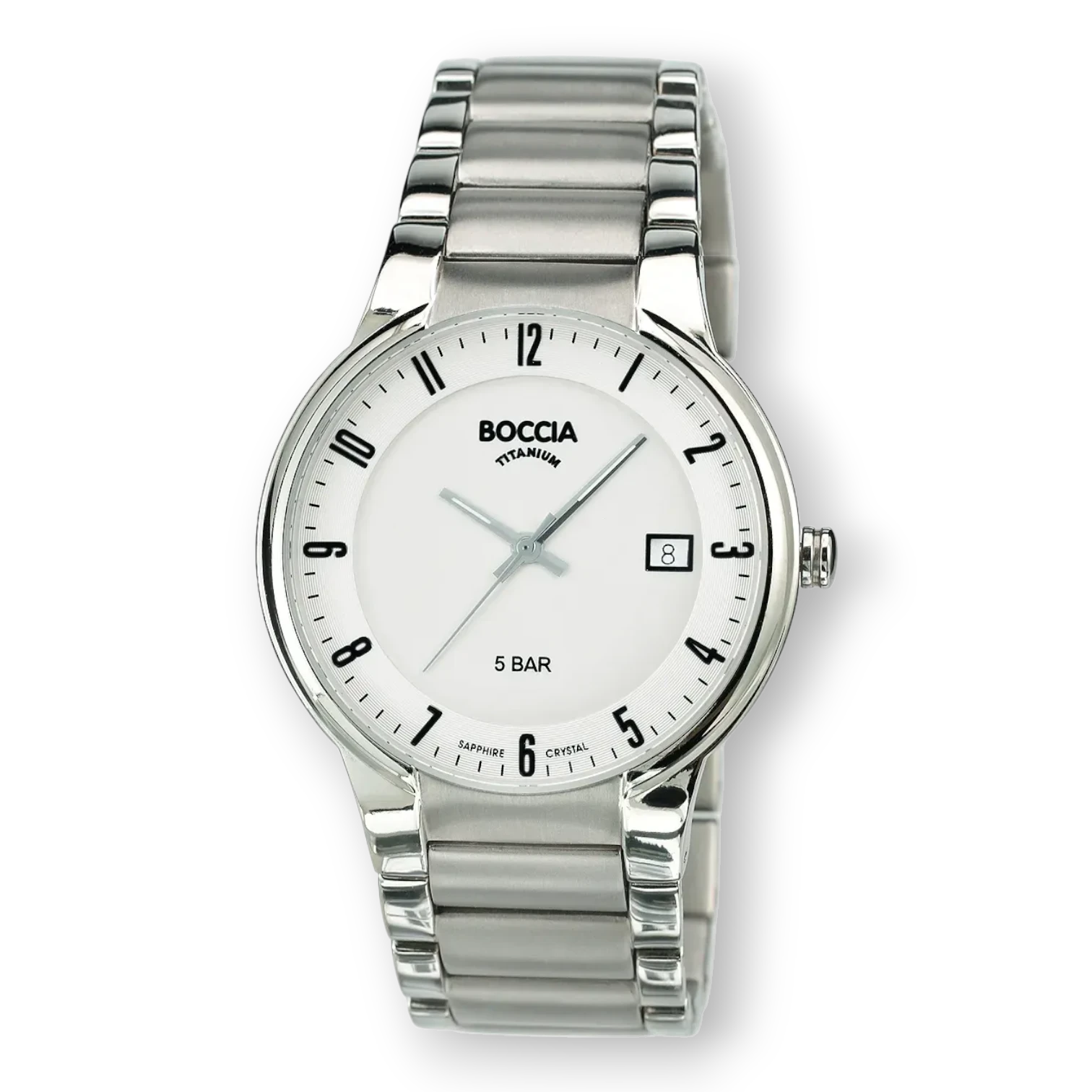 Boccia Herren-Quarzuhr mit Titanarmband und Datumsanzeige. Elegante silberne Armbanduhr mit weißem Zifferblatt, ideal für stilbewusste Männer.