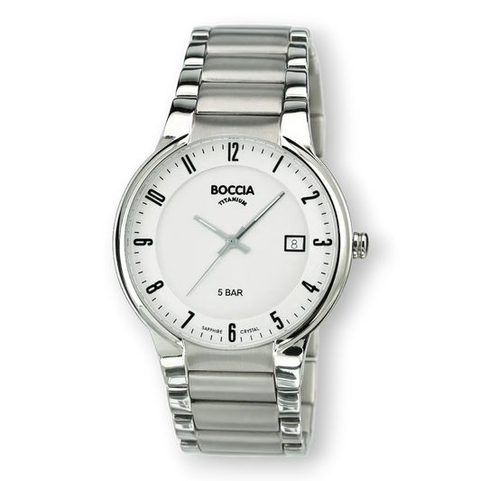 Boccia Herren-Quarzuhr mit Titanarmband und Datumsanzeige. Elegante silberne Armbanduhr mit weißem Zifferblatt, ideal für stilbewusste Männer.