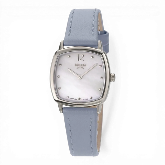 Bendixen-Braun women's watch with a square silver titanium case, mother-of-pearl dial, and light blue leather strap.