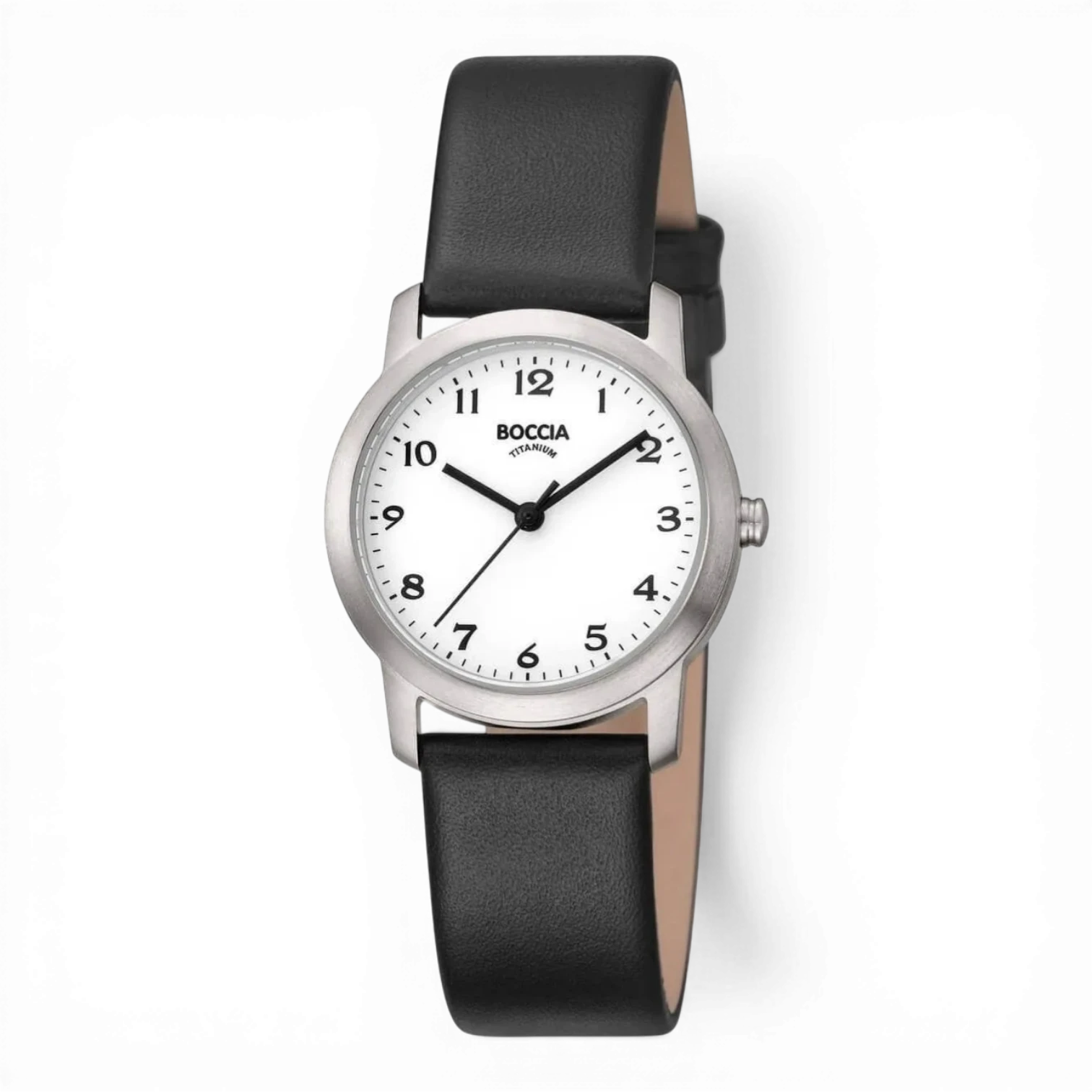 Boccia Damen-Titanuhr Quarz mit Lederarmband in Schwarz. Elegante und leichte Damenuhr mit weißem Zifferblatt, ideal für den Alltag und besondere Anlässe.