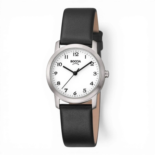 Boccia Damen-Titanuhr Quarz mit Lederarmband in Schwarz. Elegante und leichte Damenuhr mit weißem Zifferblatt, ideal für den Alltag und besondere Anlässe.