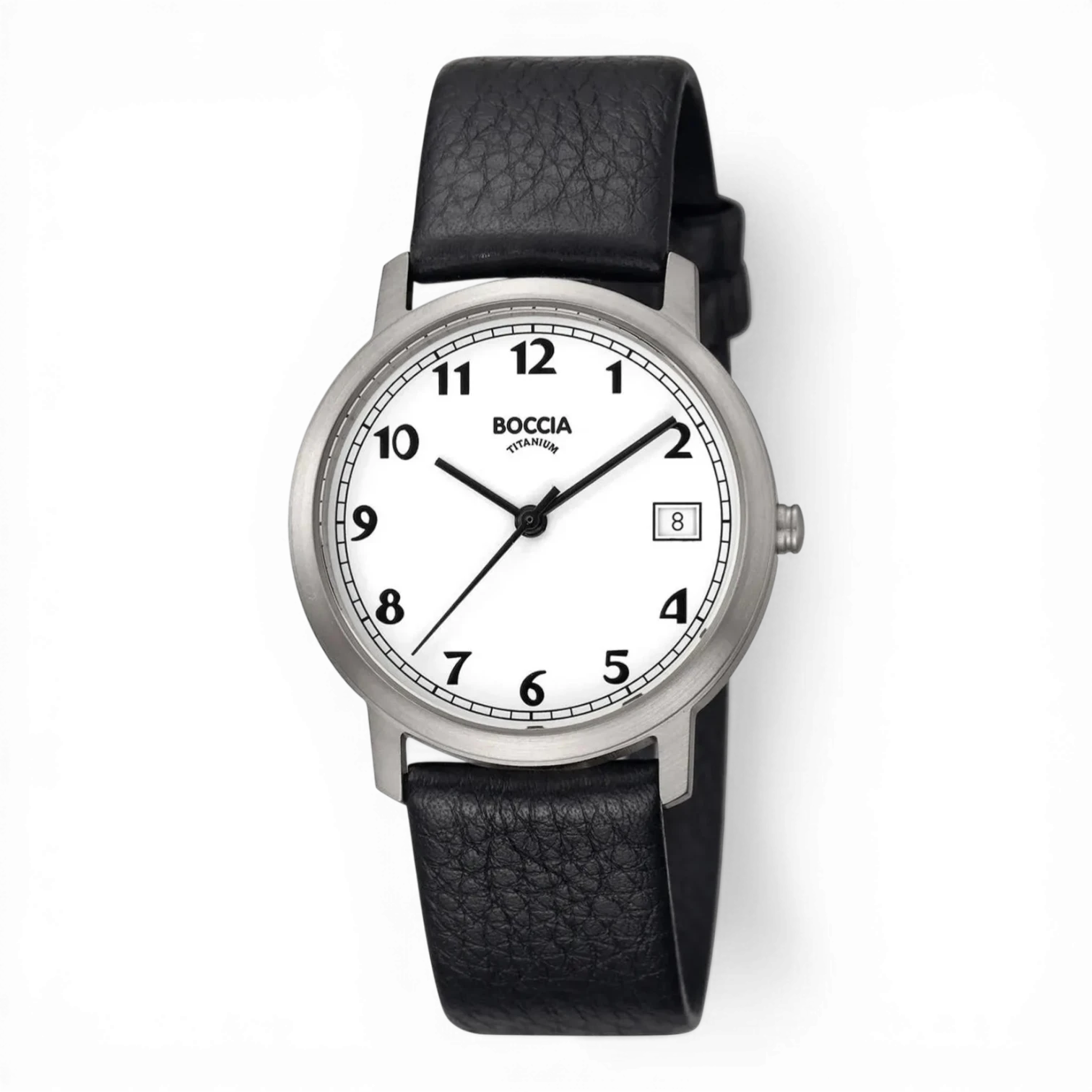 Boccia Titanuhr mit schwarzem Lederarmband und Datumanzeige. Elegante Quarzuhr mit weißem Zifferblatt und Titan-Gehäuse, ideal für den Alltag.