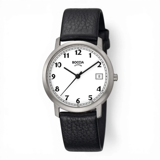 Boccia Titanuhr mit schwarzem Lederarmband und Datumanzeige. Elegante Quarzuhr mit weißem Zifferblatt und Titan-Gehäuse, ideal für den Alltag.
