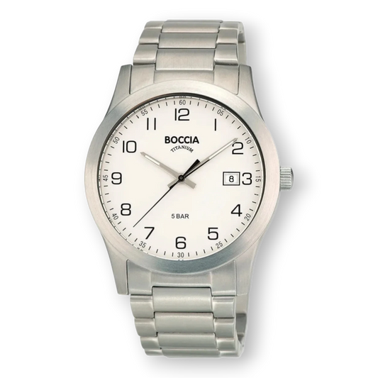 Boccia Quarz Herrenuhr mit Titanarmband in Silber. Elegante Armbanduhr mit weißem Zifferblatt und Datumsanzeige, ideal für stilbewusste Männer.