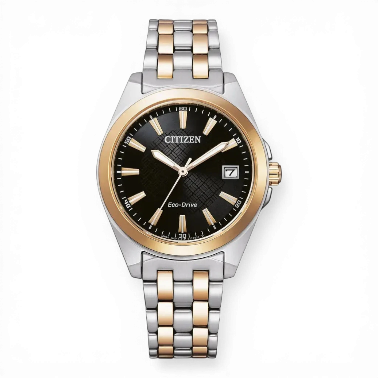 Bendixen-Braun Citizen women's solar-powered Eco-Drive watch with bicolor rose gold and silver stainless steel band, black dial, and date.