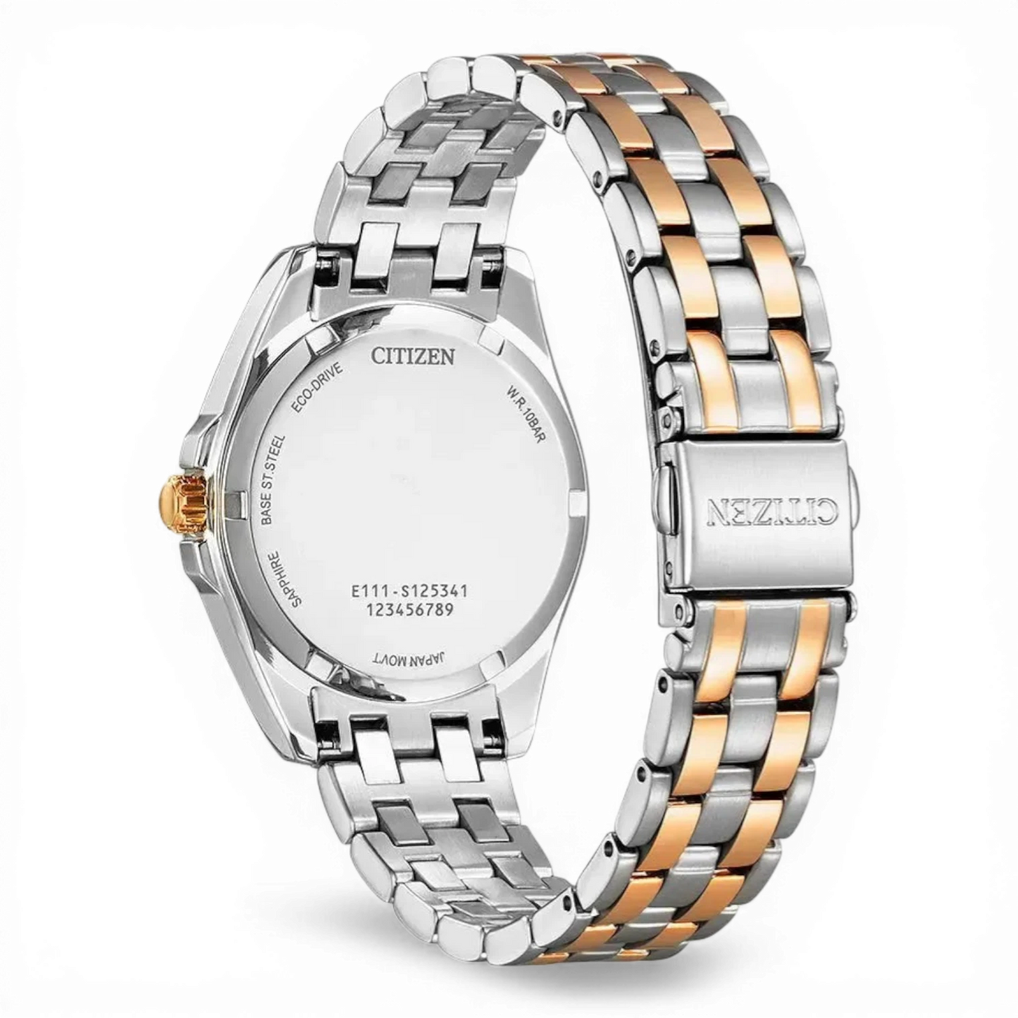 Bendixen-Braun Citizen women's two-tone rose gold and silver stainless steel solar Eco-Drive watch with black dial and date.