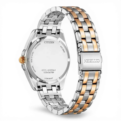 Bendixen-Braun Citizen women's two-tone rose gold and silver stainless steel solar Eco-Drive watch with black dial and date.