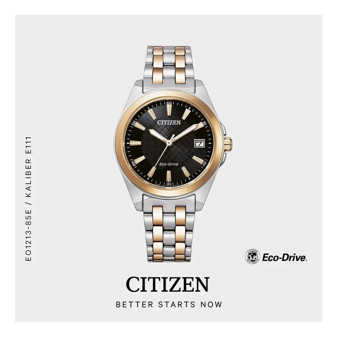 Bendixen-Braun Citizen women's solar-powered watch with bicolor rose gold and silver stainless steel band, black dial, and date.