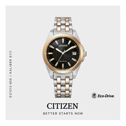 Bendixen-Braun Citizen women's solar-powered watch with bicolor rose gold and silver stainless steel band, black dial, and date.