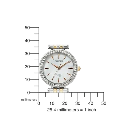 Bendixen-Braun Citizen women's bicolor stainless steel quartz watch with crystal bezel and mother-of-pearl dial.