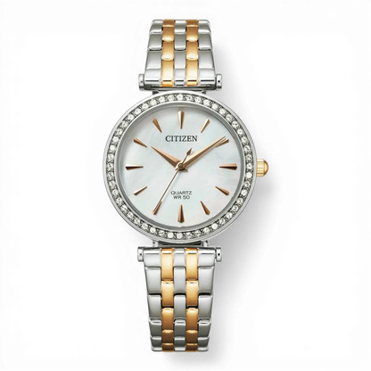 Bendixen-Braun Citizen women's bicolor stainless steel quartz watch with crystal bezel and mother-of-pearl dial.