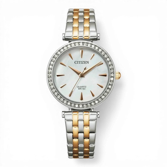 Bendixen-Braun Citizen women's bicolor stainless steel quartz watch with crystal bezel and mother-of-pearl dial.