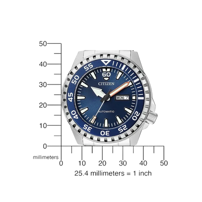 Citizen Herren-Automatikuhr Taucheruhr mit blauem Zifferblatt und Größenangaben in Millimetern. Perfekte Wahl für stilbewusste Abenteurer.
