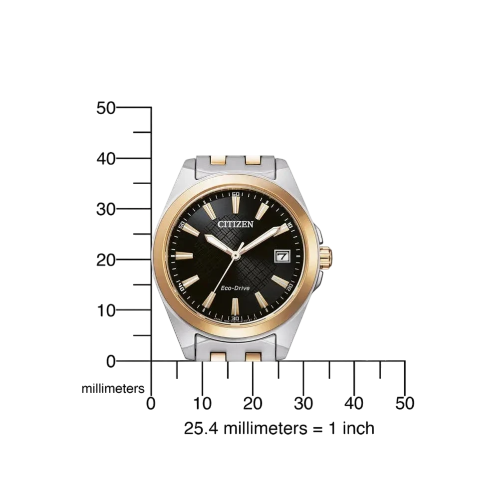 Bendixen-Braun women's Citizen Eco-Drive solar watch with bicolor rose gold and silver stainless steel band, black dial, date window, and sapphire crystal.