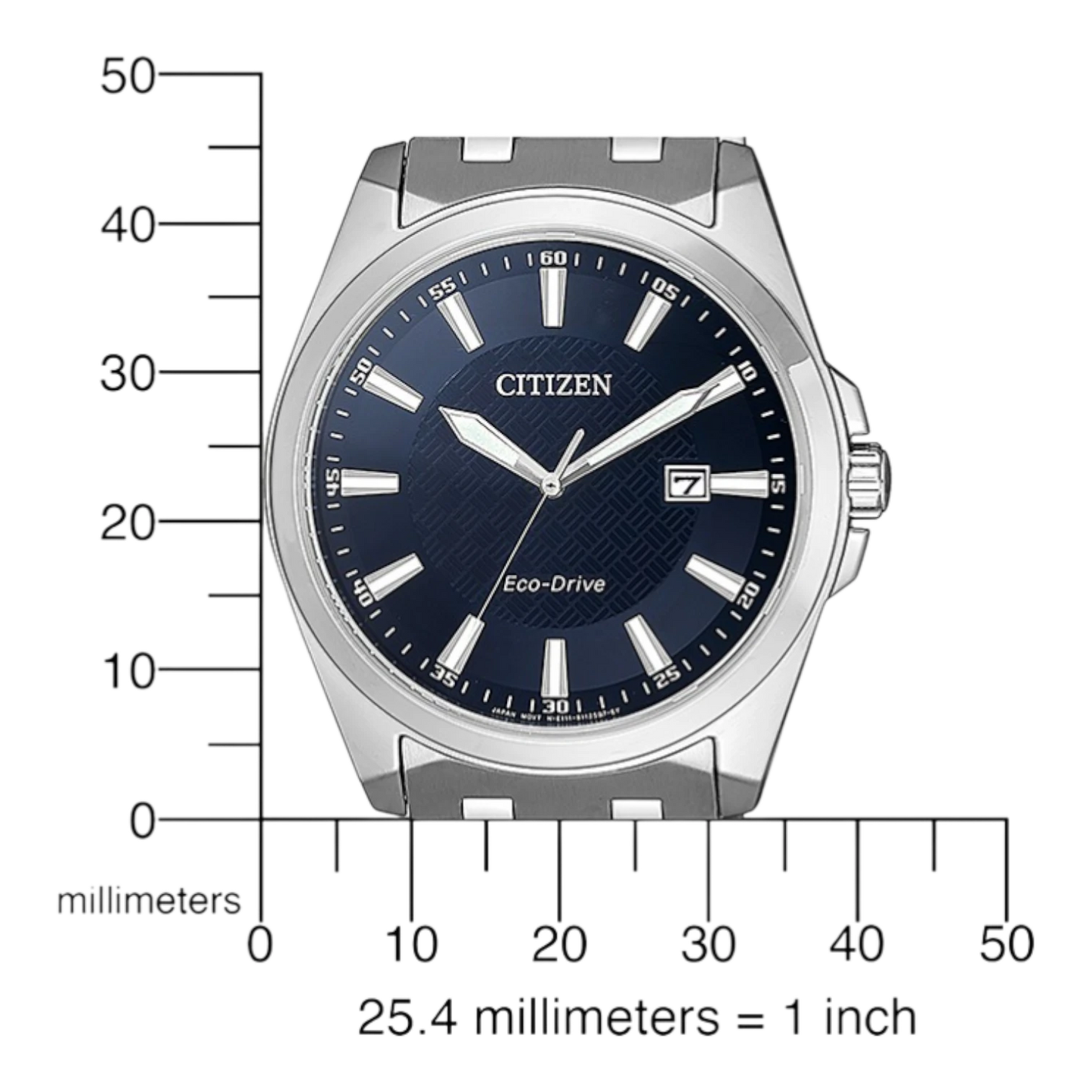 Bendixen-Braun Citizen men's stainless steel Eco-Drive watch with blue dial and date window.