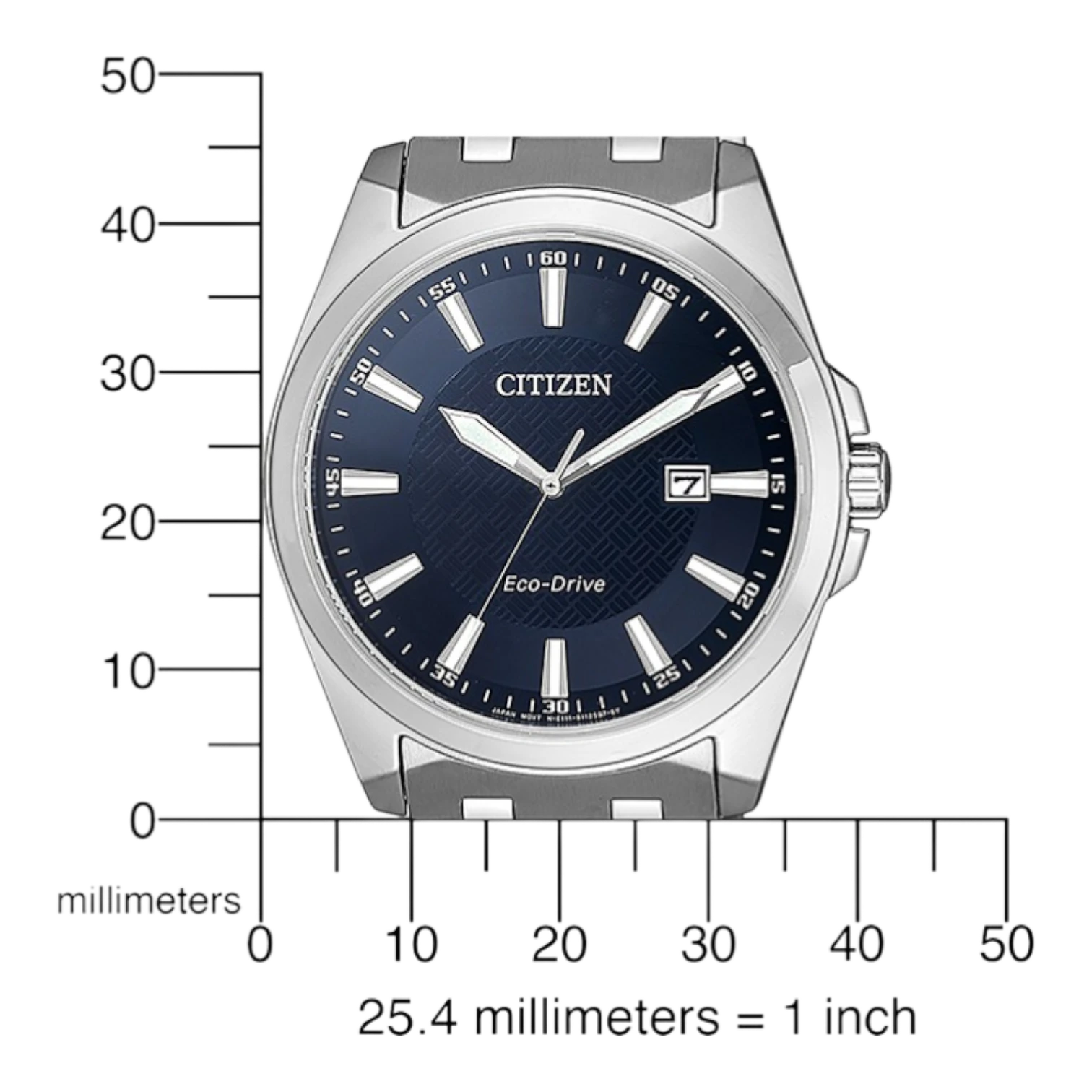 Bendixen-Braun Citizen men's stainless steel Eco-Drive watch with blue dial and date window.