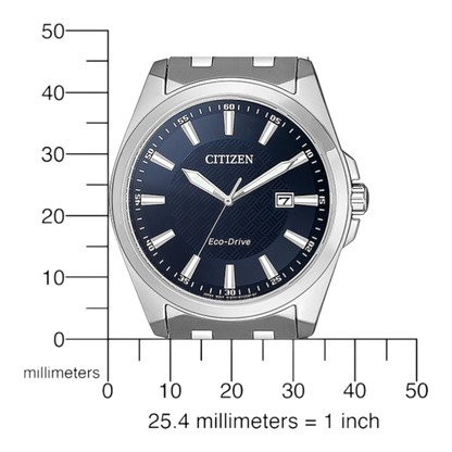 Bendixen-Braun Citizen men's stainless steel Eco-Drive watch with blue dial and date window.
