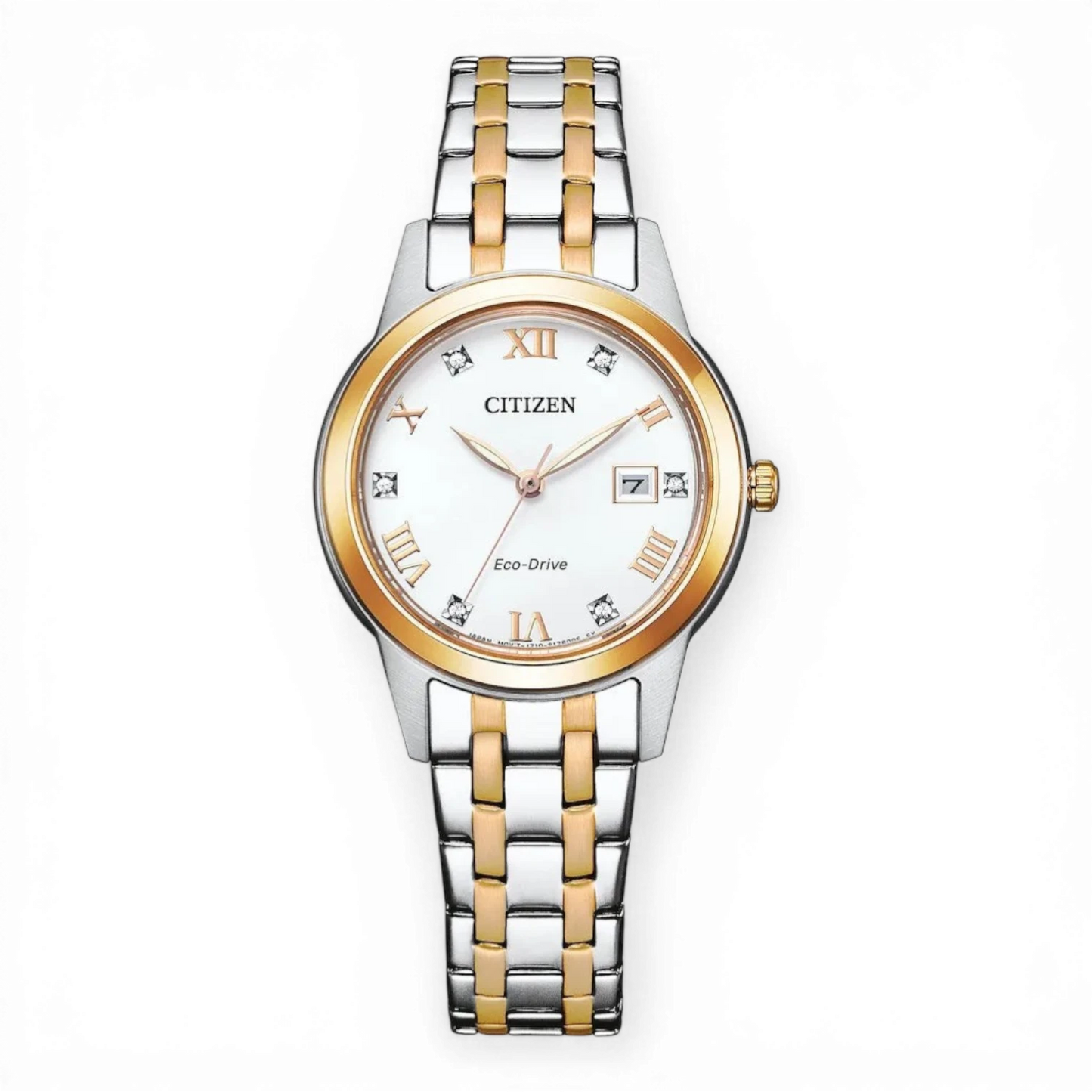 Citizen ECO-Drive Damenuhr mit Kristallindizes in Bicolor-Design. Hochwertige Solaruhr mit römischen Ziffern und Datumsanzeige, erhältlich bei Bendixen-Braun.