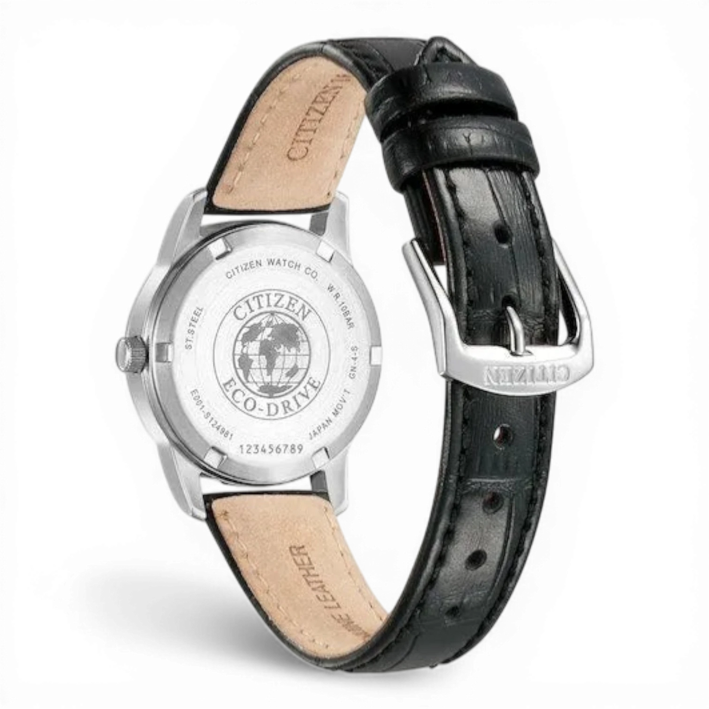 Rückseite der Citizen Damenuhr Eco-Drive mit eingraviertem Logo und hochwertigem Lederarmband im Croco-Look. Robuste Verarbeitung für langlebige Eleganz.