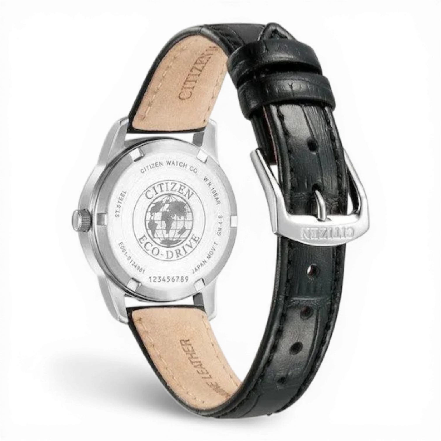 Rückseite der Citizen Damenuhr Eco-Drive mit eingraviertem Logo und hochwertigem Lederarmband im Croco-Look. Robuste Verarbeitung für langlebige Eleganz.