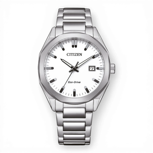 Bendixen-Braun men's Citizen Eco-Drive watch with white dial, date window, and stainless steel bracelet. Features an octagonal-round case.