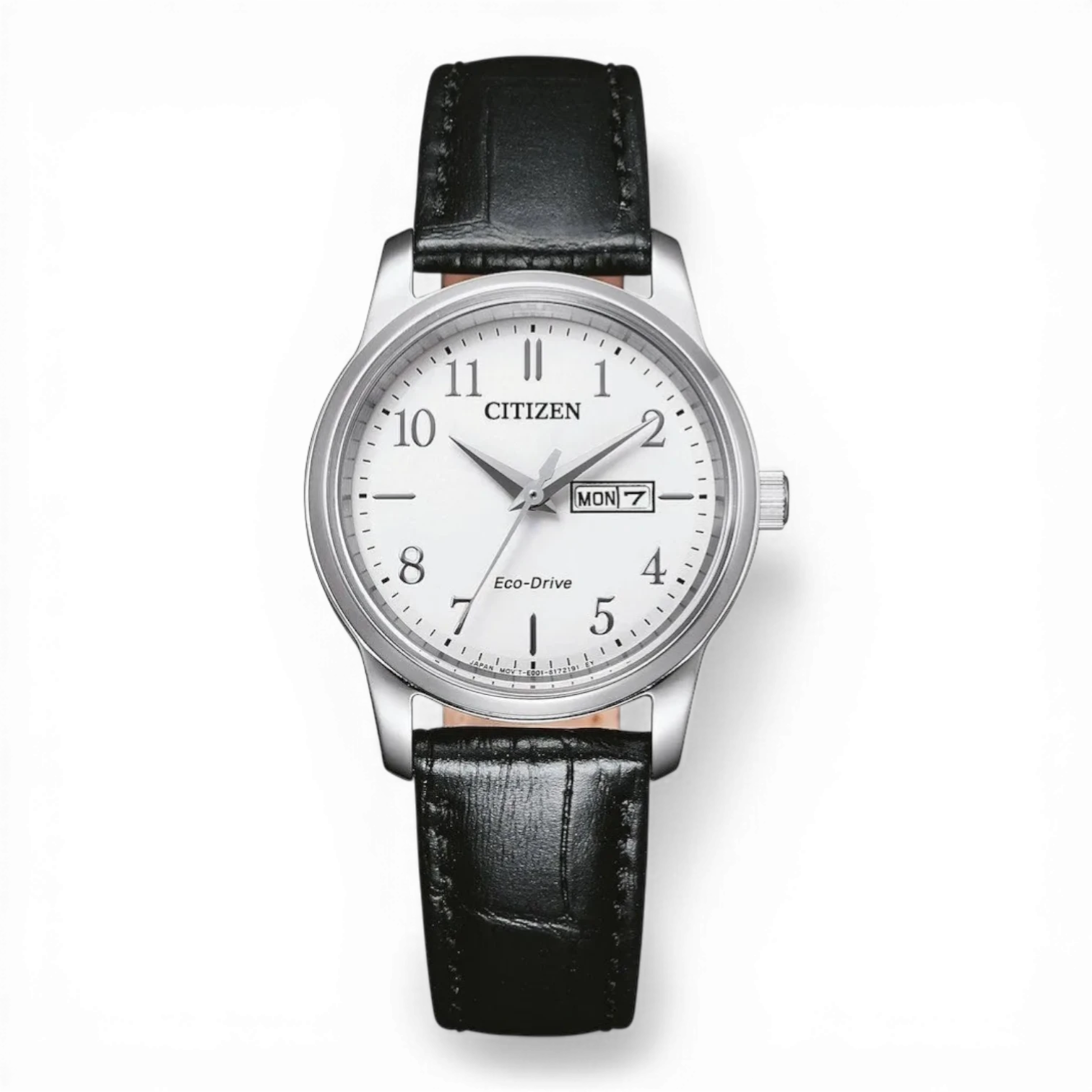 Citizen Damenuhr Eco-Drive mit Croco-Look Lederband und silbernem Gehäuse. Elegantes Design mit Datumsanzeige, ideal für stilbewusste Frauen.