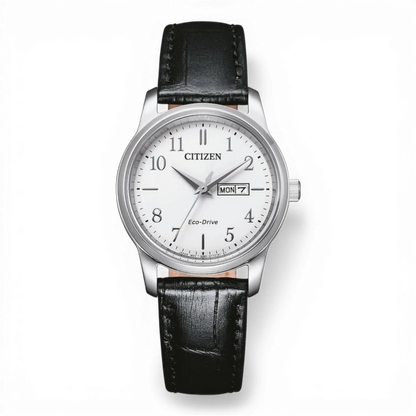 Citizen Damenuhr Eco-Drive mit Croco-Look Lederband und silbernem Gehäuse. Elegantes Design mit Datumsanzeige, ideal für stilbewusste Frauen.