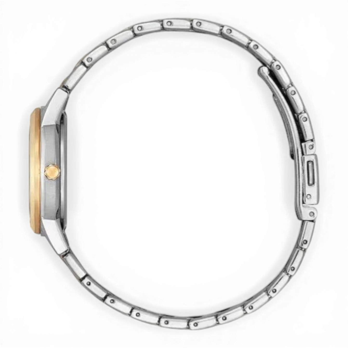 Seitliche Ansicht der Citizen ECO-Drive Damenuhr mit schlankem Gehäuse und bicolor Edelstahlarmband. Elegantes Design für stilbewusste Damen.