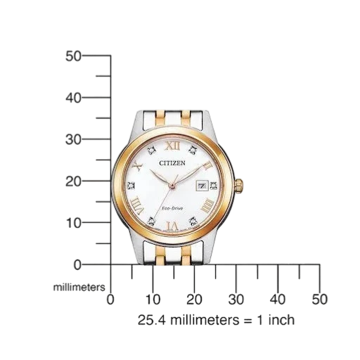 Größenvergleich der Citizen ECO-Drive Damenuhr mit Kristallindizes. Präzise Maße für eine perfekte Passform am Handgelenk.