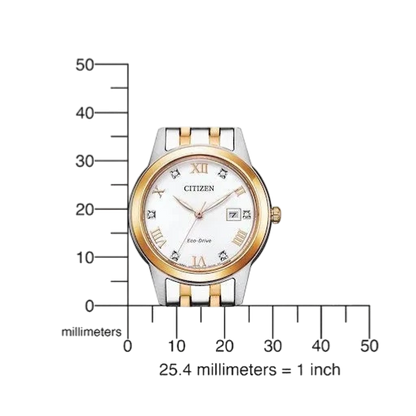 Größenvergleich der Citizen ECO-Drive Damenuhr mit Kristallindizes. Präzise Maße für eine perfekte Passform am Handgelenk.
